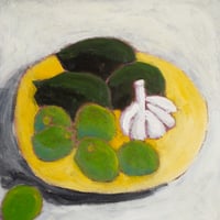 Three Avocados with Garlic and Limes, 2024. Oil on board. 9 x 9 inches (unframed).