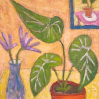 Image 1 of Begonia with Purple Flowers, 2025. Oil on linen. 10 x 10 inches (framed).