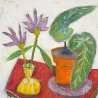 Begonia and Flowers on Red Table, 2025. Oil on linen. 10 x 10 inches (framed).