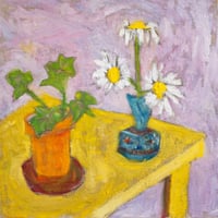 Begonia and Flowers on Yellow Table, 2025. Oil on linen. 12 x 12 inches (framed).