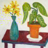 Image 1 of Begonia in Clay Pot and Yellow Flowers in Teal Vase, 2025. Oil on linen. 16 x 16 inches (framed).