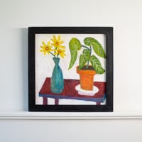 Image 2 of Begonia in Clay Pot and Yellow Flowers in Teal Vase, 2025. Oil on linen. 16 x 16 inches (framed).
