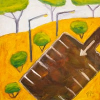 Image 1 of Parking Lot with Yellow Grass, 2025. Oil on linen. 10 x 10 inches (unframed).