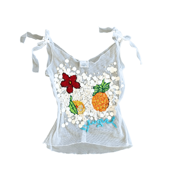 Image of BLUGIRL BLUMARINE WHITE TROPICAL FRUIT SEQUIN TOP