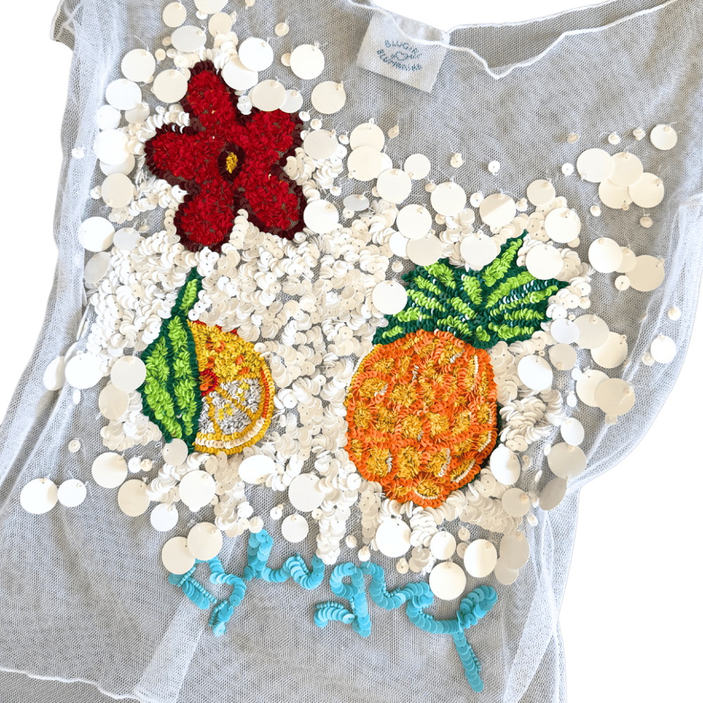 Image of BLUGIRL BLUMARINE WHITE TROPICAL FRUIT SEQUIN TOP