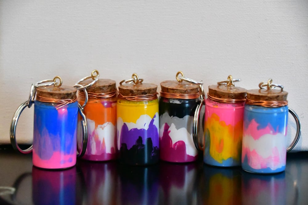 Image of Tie Dye Queer Jar Keychains - Bisexual, Lesbian, Trans, Asexual, Pansexual, and Non-Binary Colors...