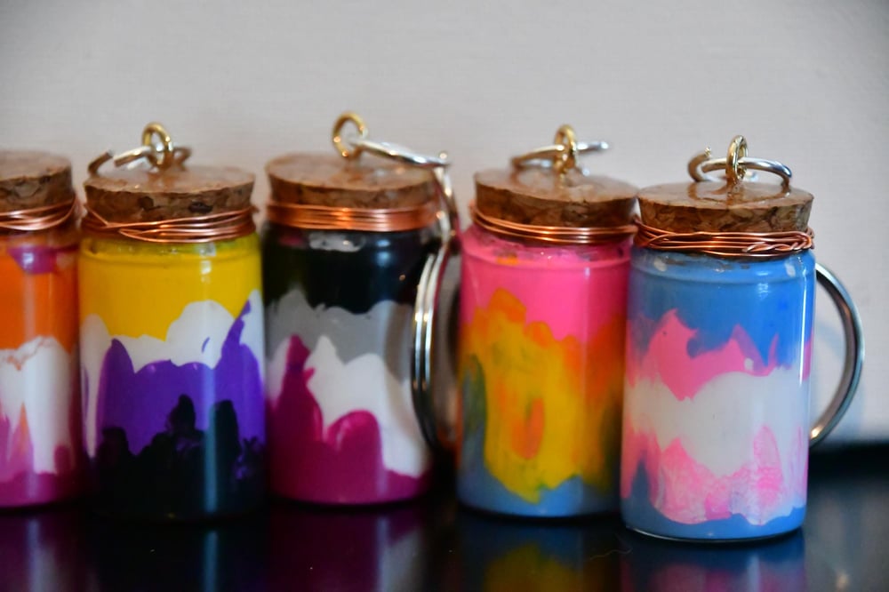 Image of Tie Dye Queer Jar Keychains - Bisexual, Lesbian, Trans, Asexual, Pansexual, and Non-Binary Colors...