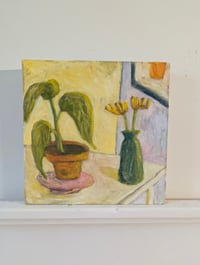 Image 2 of Begonia and Flowers, 2025. Oil on linen.  10 x 10 x 1.5 inches