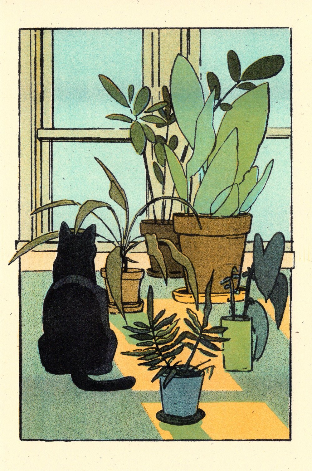 Image of Houseplants and Cat Risograph Print