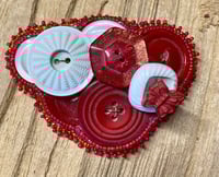 Image 1 of Button Brooch with White and Red Buttons Beaded Button Brooch or Pin with Red Ultrasuede Backing