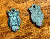 Image 1 of Owl Pendants Charms Blue Green Patina One Sided Mykonos Greek Verdigris 27.5mm 2pc F310A
