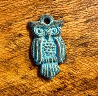 Image 2 of Owl Pendants Charms Blue Green Patina One Sided Mykonos Greek Verdigris 27.5mm 2pc F310A