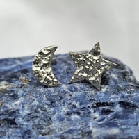 Image 2 of Crescent moon and star fine silver stud earrings