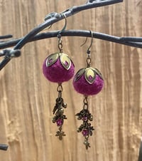 Image 2 of Leafy Vintage Bronze Felted Earrings with Leaf Tassels Czech Glass Crystals Choose Your Color