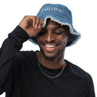 Image 8 of ‘JAH SWAG’ Embroidered Distressed Denim Bucket Hat