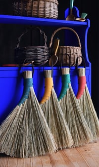 Image 1 of Broomcorn Hand Broom Brush With Hemp Cord And Leather Hanger 37cm