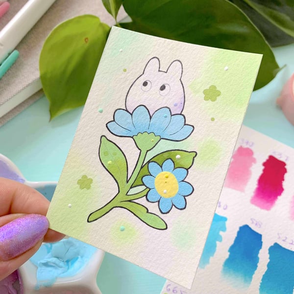Image of MINI White Totoro and Blue Aster PAINTING