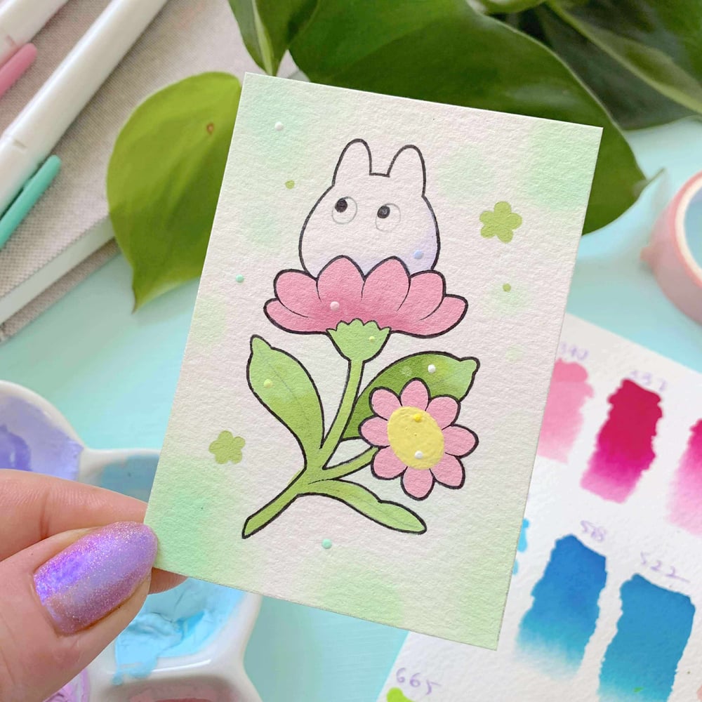 Image of MINI White Totoro and Pink Aster PAINTING