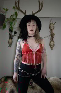 Image 1 of Hellbent Chained to the Nite Red leather fringe top