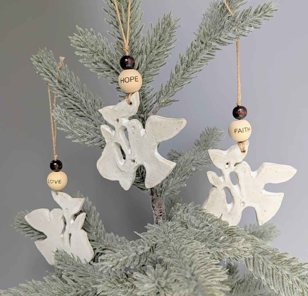 Image of Handmade Ceramic Partridge in a Pear Tree Ornament "Faith" "Hope" "Love"