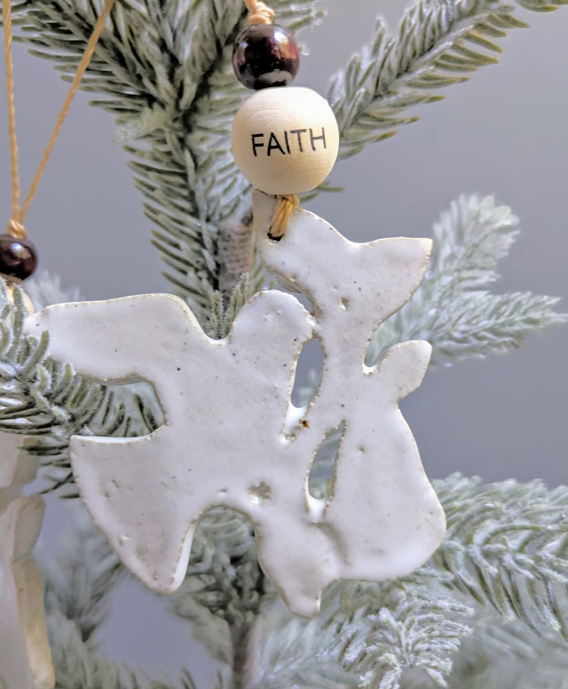 Image of Handmade Ceramic Partridge in a Pear Tree Ornament "Faith" "Hope" "Love"