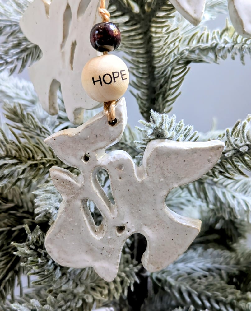 Image of Handmade Ceramic Partridge in a Pear Tree Ornament "Faith" "Hope" "Love"