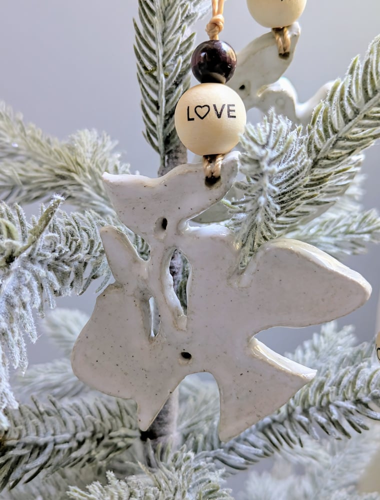 Image of Handmade Ceramic Partridge in a Pear Tree Ornament "Faith" "Hope" "Love"