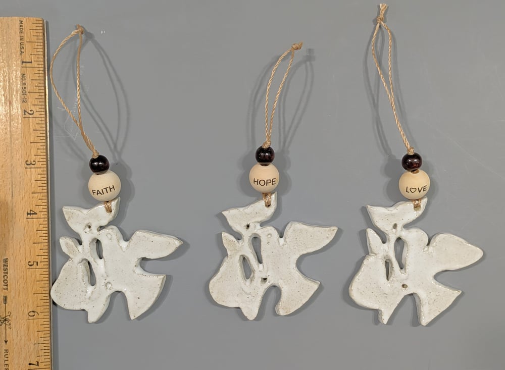 Image of Handmade Ceramic Partridge in a Pear Tree Ornament "Faith" "Hope" "Love"