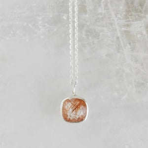 Image of Red Rutilated Quartz cushion cut silver necklace