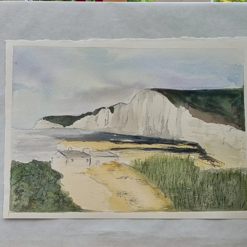 Image of Original Watercolour painting of English coastal landscape ' Holiday mood'