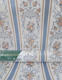 Image 1 of 1980s Vintage Zen Wallpaper Rolls - Retro MCM Swags Stripe Classy Pearl Blue Cameo - (Set of 2 & 3)