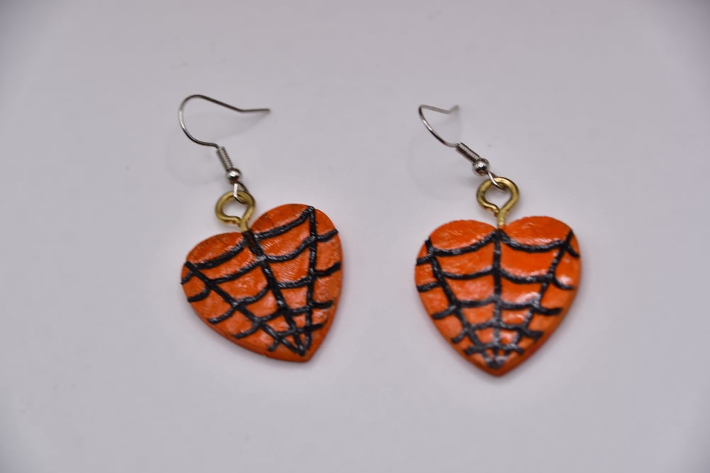 Image of Spiderweb Halloween Heart Dangle Earrings