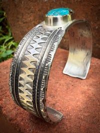 Image 5 of WL&A Handmade Ingot Old Style Thunderbird Turquoise Cuff - Size 7" to 7.5" Wrist