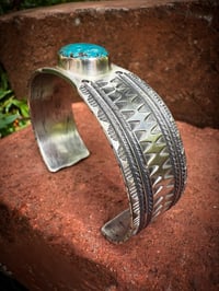 Image 6 of WL&A Handmade Ingot Old Style Thunderbird Turquoise Cuff - Size 7" to 7.5" Wrist