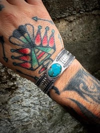 Image 4 of WL&A Handmade Ingot Old Style Thunderbird Turquoise Cuff - Size 7" to 7.5" Wrist