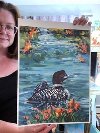 Image 2 of PRINT 12x16" of "Nestled" a common loon and baby 