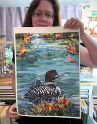 Image 1 of PRINT 12x16" of "Nestled" a common loon and baby 