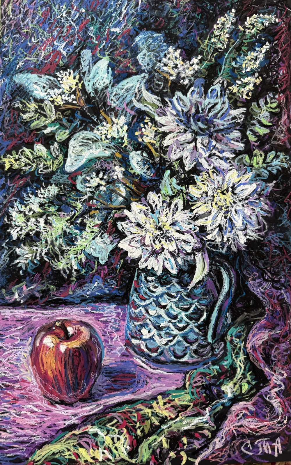 Image of Tatiana Suvorova - Still life with white chrysanthemums and red apple