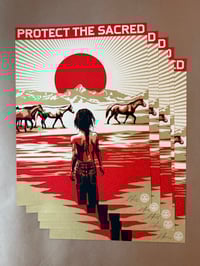 Image 1 of a 5 pack of Shepard Fairey SIGNED gold ink "Protect the Sacred" silkscreens