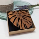 Monstera Leaf Drinks Coasters, wooden coasters with gift box. 