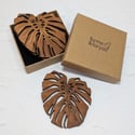 Monstera Leaf Drinks Coasters, wooden coasters with gift box. 