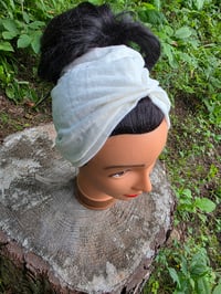 Image 4 of Linen Cinch & Snap Ponytail Beanie - Ivory