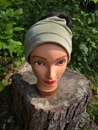 Image 2 of Linen Snappy Ponytail Beanie in Sage Green 