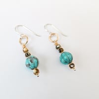 Image 2 of Carved turquoise and abalone mixed metal earrings