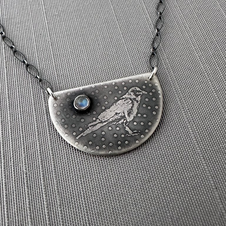 Sterling Silver and Moonstone Celestial Crow Necklace