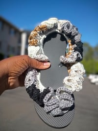 Image 3 of Golden Roots – Crocheted Eagle Gold Flip-Flops (Black Base, Sizes 5–10)