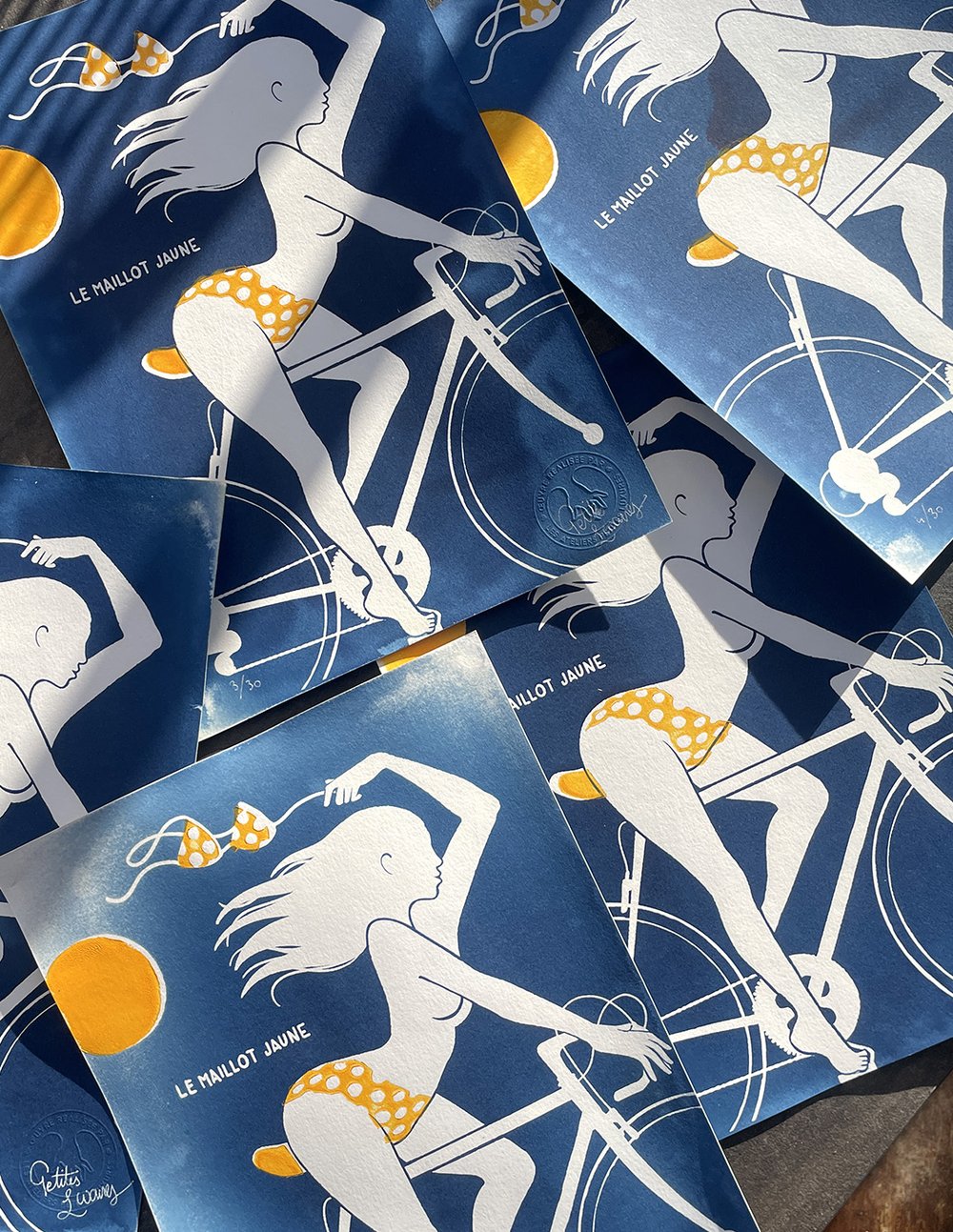 Image of "Maillot Jaune" handmade linocut & cyanotype art print