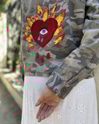 Image 2 of Hand Embroidered Camo Jacket – Burning Heart  Eye  Sun – Festival Upcycled Statement  Jacket 