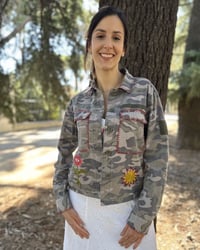 Image 5 of Hand Embroidered Camo Jacket – Burning Heart  Eye  Sun – Festival Upcycled Statement  Jacket 