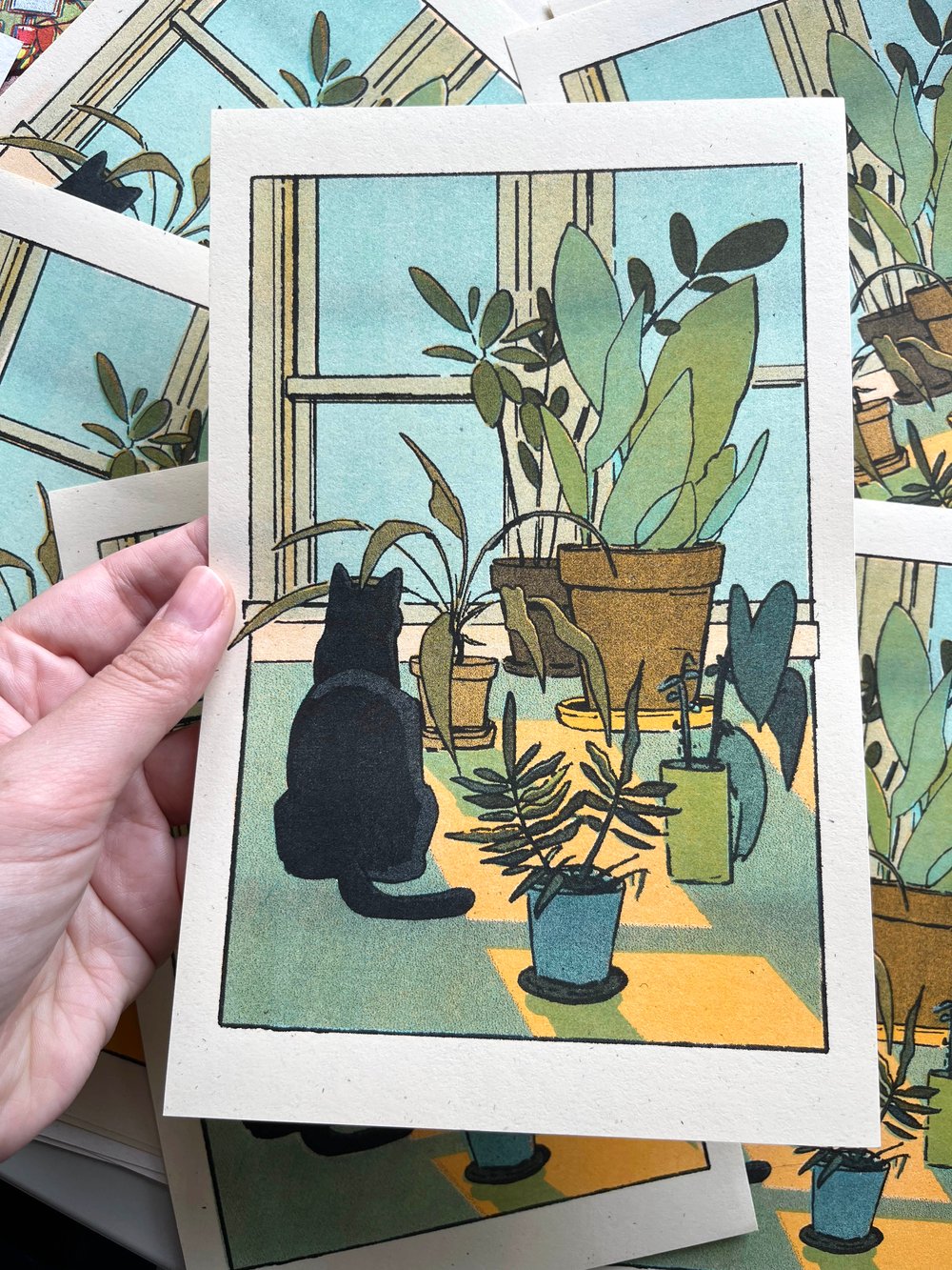 Image of Houseplants and Cat Risograph Print